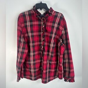 Chaps Denim Red and Black Plaid Ruffle Blouse size 3x